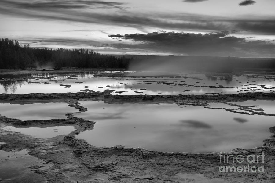 Blue Hue Sunset Over Great Fountain Geyser Black And White Photograph by Adam Jewell