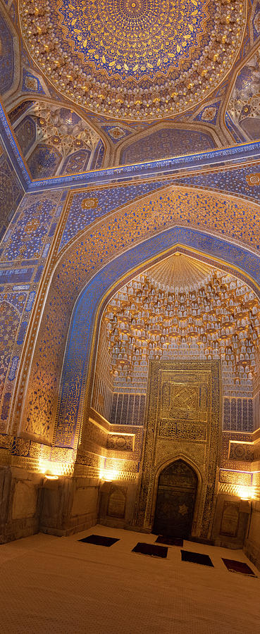 Blue interior of mosque dome with gold gild of Tile Karl Madrasa Photograph by Karen Foley