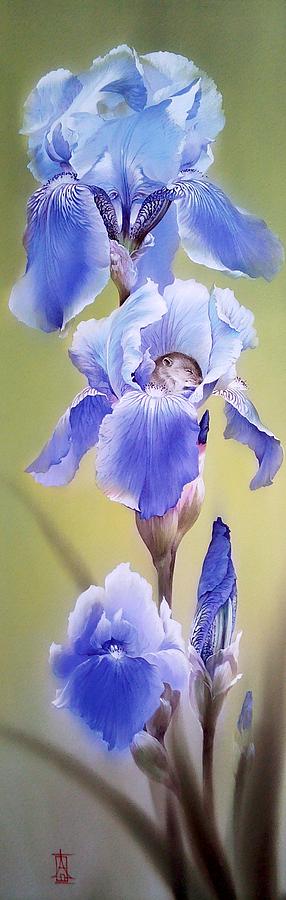 Blue Irises with Sleeping Baby Mouse Painting by Alina Oseeva