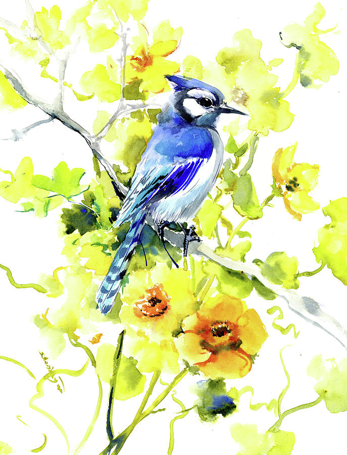 Blue JAy and Yellow Flowers Painting by Suren Nersisyan