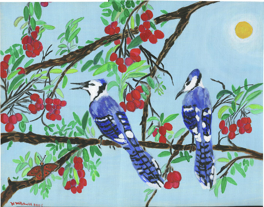 Nature Painting - Blue Jays in The  Cherry Tree  by Merrill Mitchell