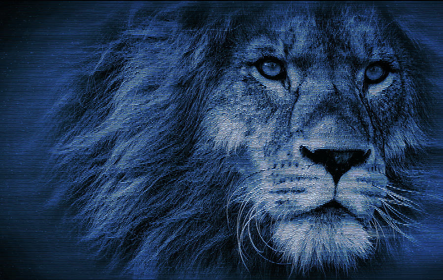 Blue Lion Portrait Holographic Glitch Art Digital Art by Matthias Hauser