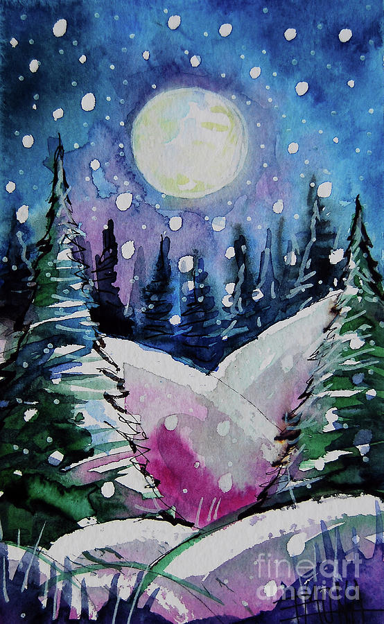 BLUE MAGIC MOON - Winterscape Watercolor - Mona Edulesco Painting by Mona Edulesco