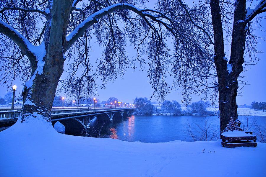 Blue morning with snow on the Yakima River Photograph by Lynn Hopwood