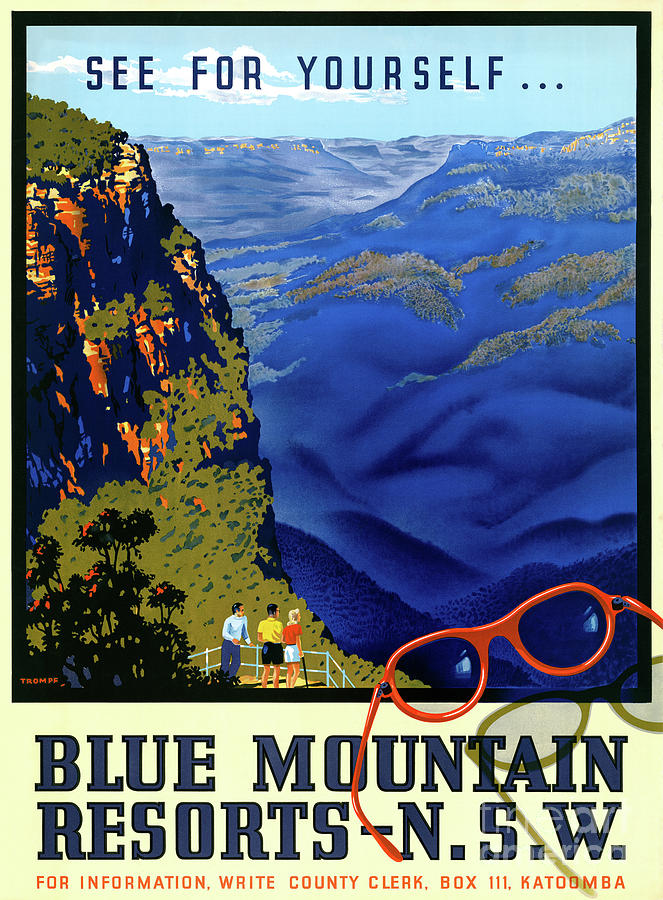 Blue Mountains Australia Vintage Travel Poster Restored Drawing