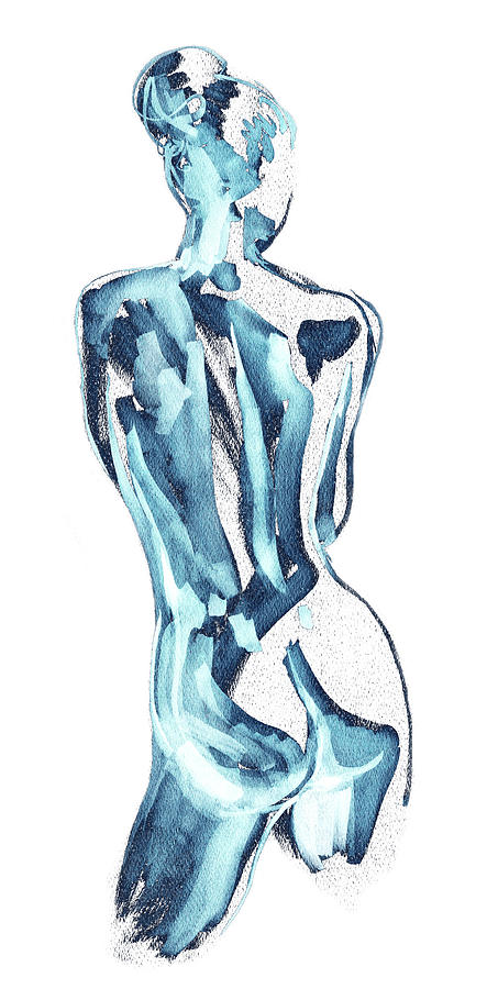 Blue Nude Woman Model Gesture Watercolor XXXVIII Painting by Irina Sztukowski