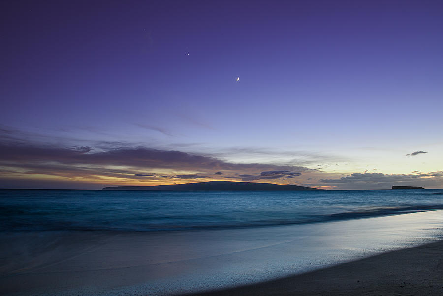 Beach Photograph - Blue Ocean, Blue Sky And New Moon by Kevin Xu