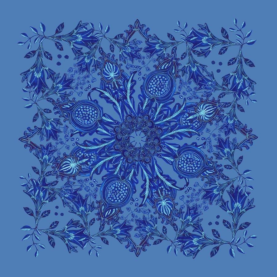 Blue Folk Art Floral Mixed Media by Blenda Studio