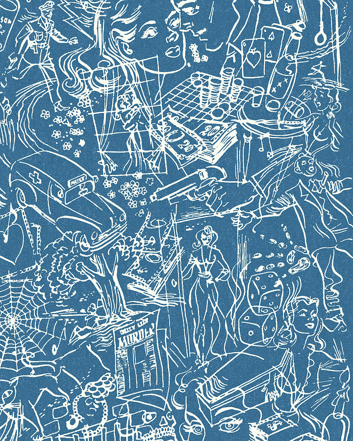 Vintage Drawing - Blue Pattern of Sketches by CSA Images
