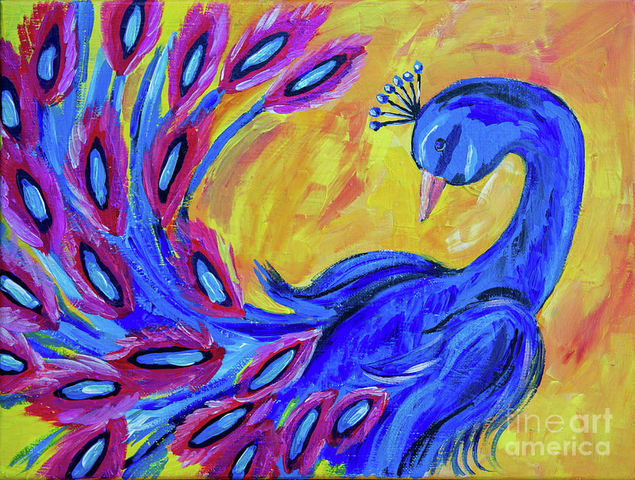 Blue Peacock Painting by Kathy Strauss