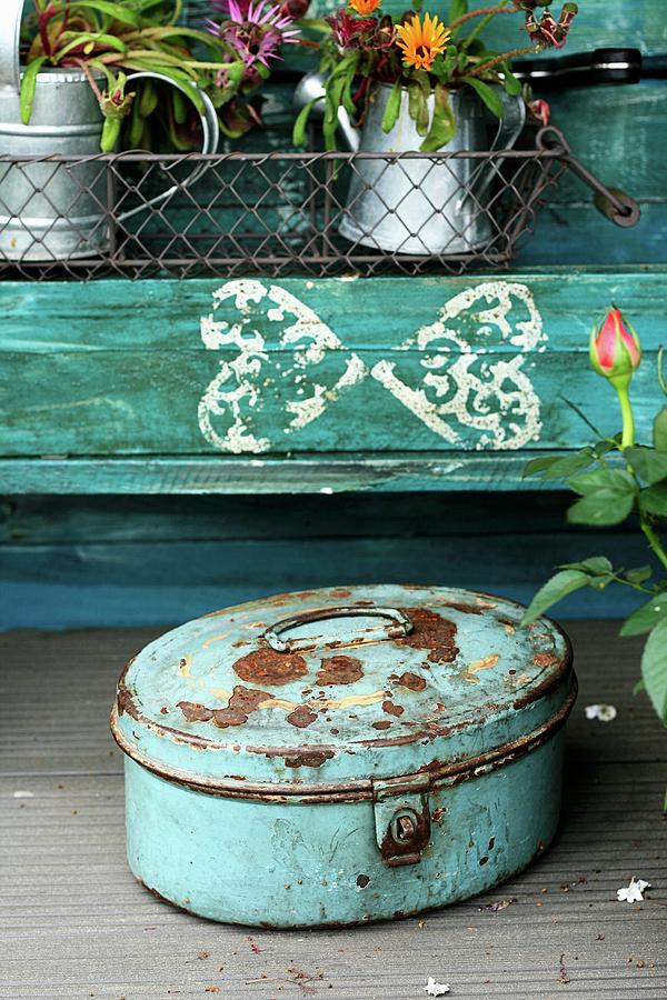 Blue Potting Table With Wire Basket And Rusty Metal Tin Photograph by Alexandra Panella
