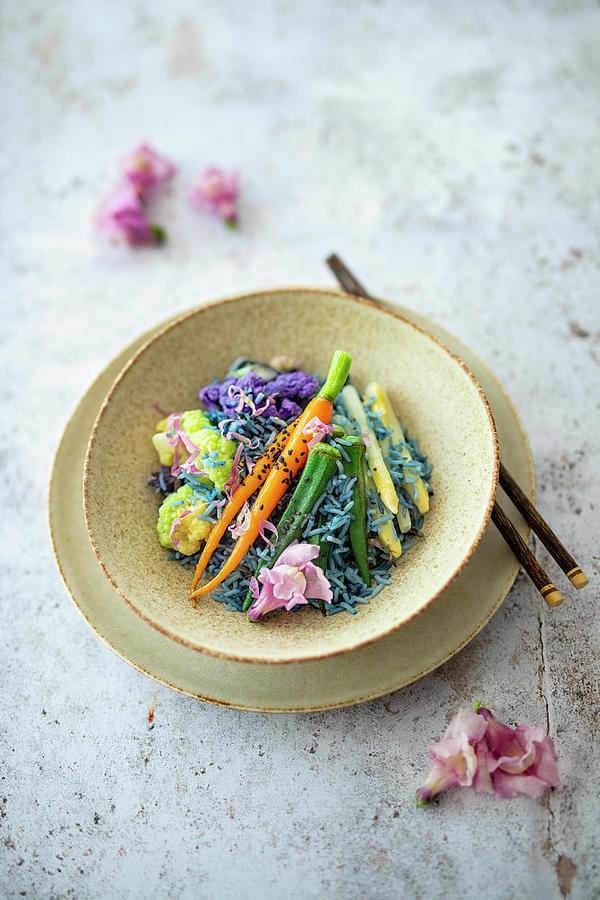 Blue Rice With Vegetables And Edible Flowers vegan Photograph by Jan Wischnewski