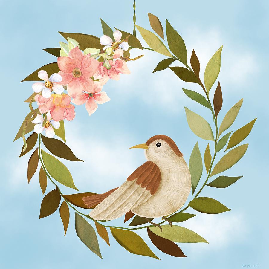 Flower Painting - Blue Sky, Blooms And A Beautiful Bird by Little Bunny Sunshine