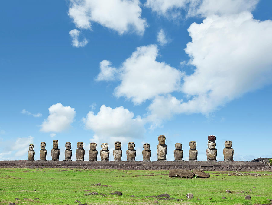 Blue Sky Over Moai At Ahu Tongariki Photograph by Grafissimo