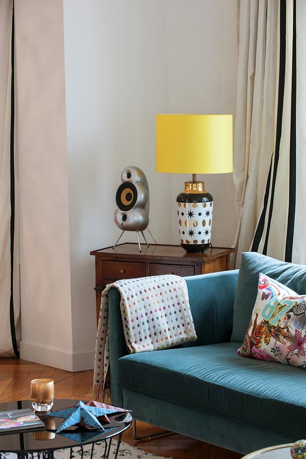 Blue Sofa Next To Table Lamp On Antique Table Photograph by Christophe Madamour