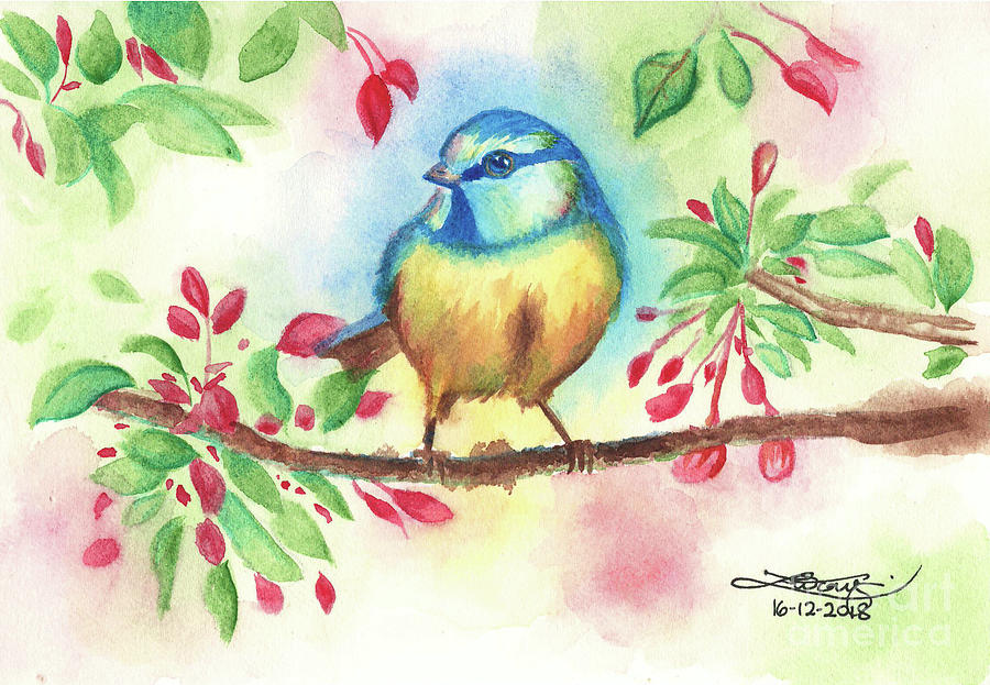 Flower Painting - Blue tit by Elise Wong
