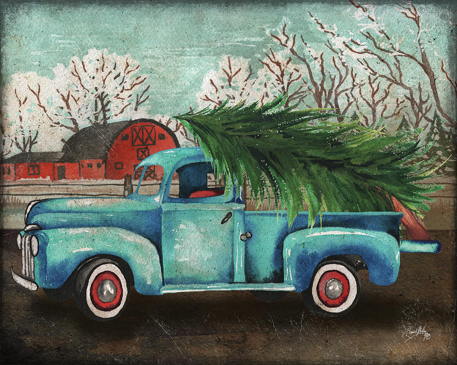 Christmas Mixed Media - Blue Truck And Tree I by Elizabeth Medley