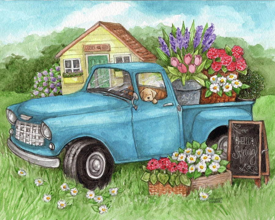 Dog Painting - Blue Truck Flowers Hello Spring by Melinda Hipsher
