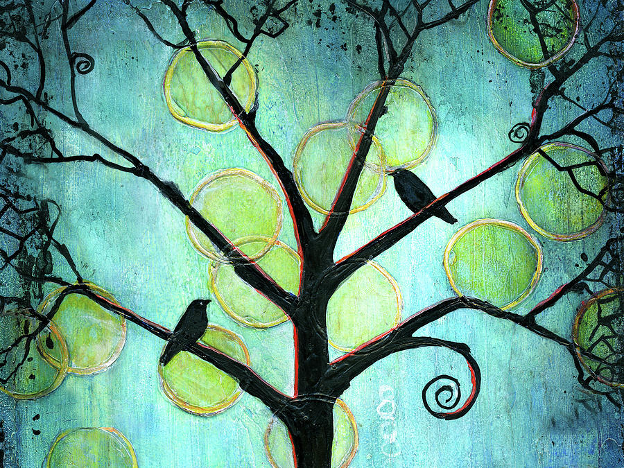 Blue Twilight Birds in Tree Painting by Blenda Studio
