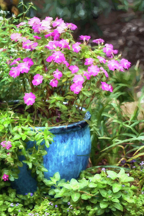 Blue Vase Pink Flowers Photograph by James Barber