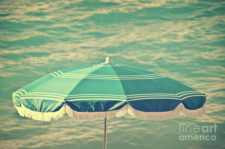 Summer Photograph - Blue vintage beach umbrella by Delphimages Photo Creations