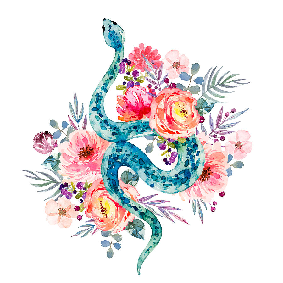 Blue Watercolor Snake In The Flower Garden Painting by Little Bunny Sunshine