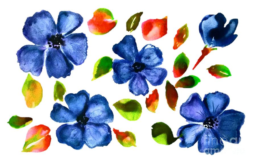 Blue Wild Flowers Watercolor Transparent Background Painting by Delynn Addams