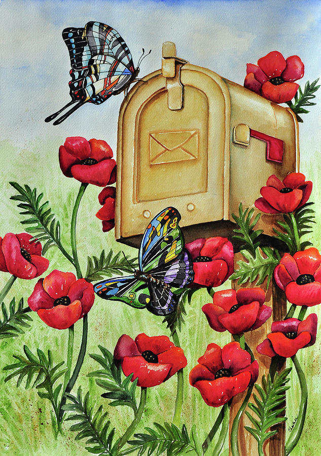 Butterfly Painting - Blue Wing, Swallowtail & Poppies by Charlsie Kelly