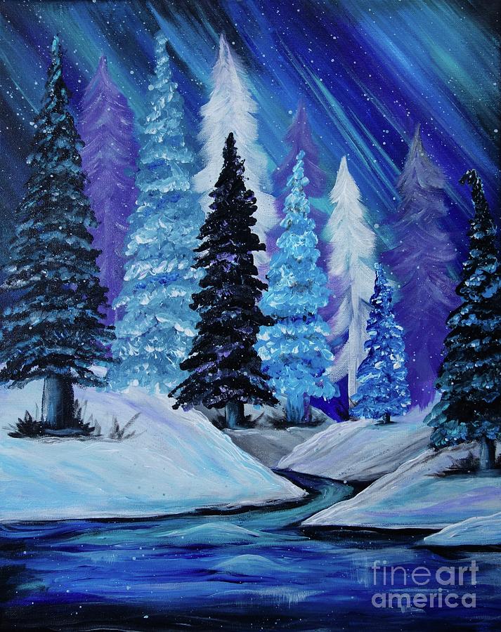 Blue Winter Aurora Painting by Jacqueline Athmann