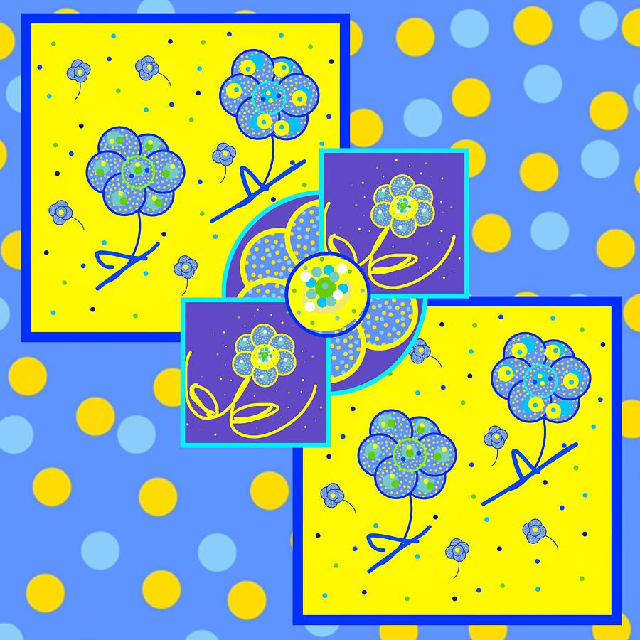 Blue Yellow Dots of Flowers 1 Digital Art by Joan Ellen Kimbrough Gandy