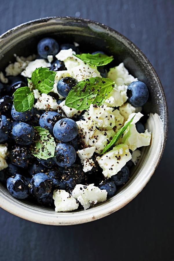 Cheese Photograph - Blueberries With Goats Cheese, Mint Leaves, Pepper And Olive Oil by B.&.e.dudzinski
