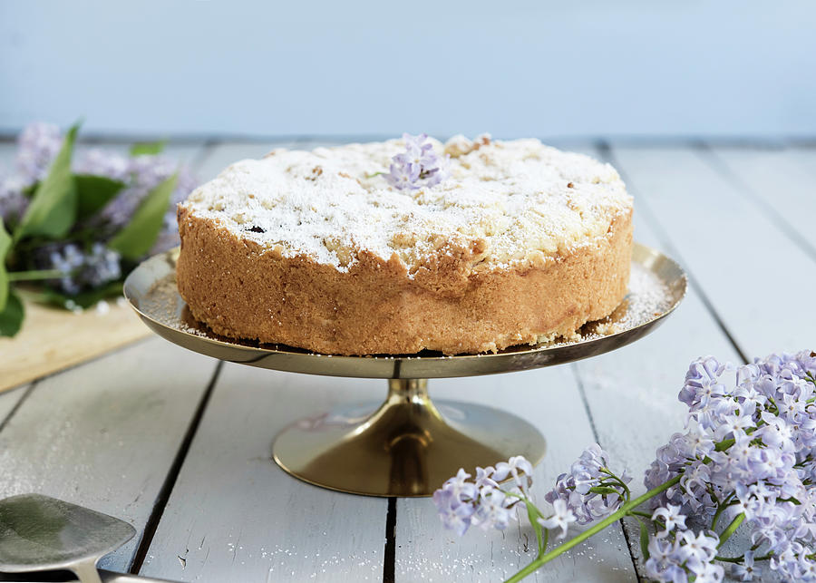Blueberry Crumble Cake On A Golden Cake Stand Photograph by Jelena Filipinski