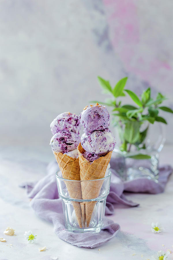 Blueberry Ice Cream In A Waffle Cone Photograph by Anna Lukasiewicz