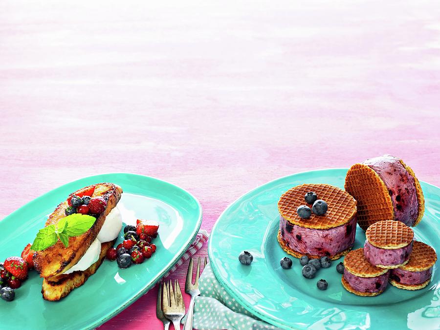 Blueberry Ice Cream Sandwiches And French Toast With Rice Pudding And A Berry And Mint Salad Photograph by Martin Dyrlv