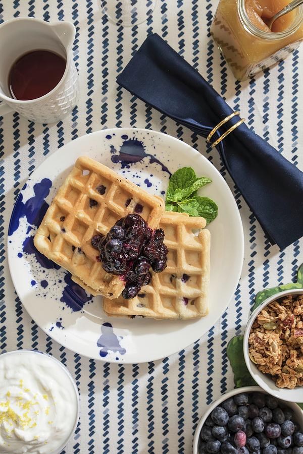 Blueberry Lemon Waffles Shot From Overhead On Table Styled With Sptriped Tablecloth And Navy Rolled Napkin Photograph by Cindy Haigwood