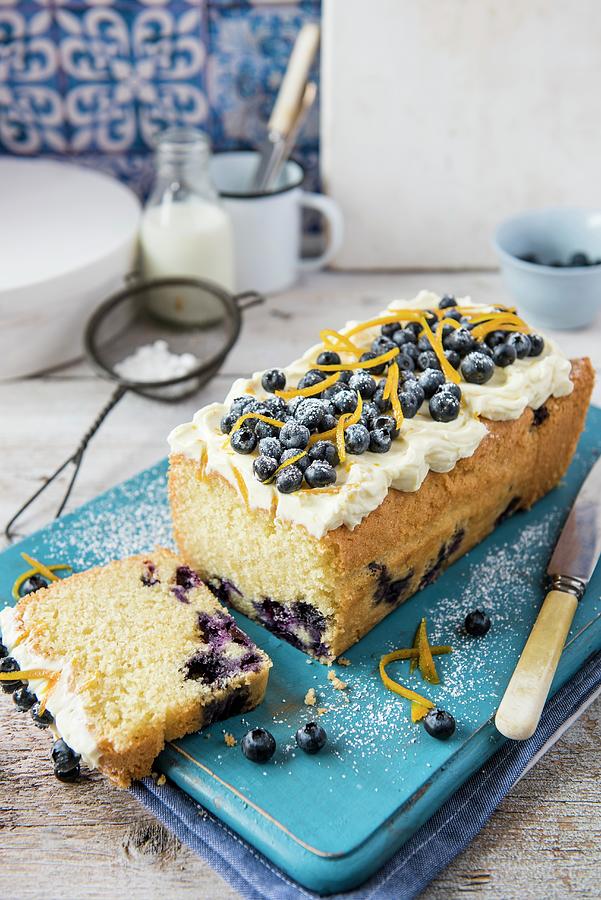 Blueberry Loaf Cake With Cream Cheese Frosting And Orange Zest, Sliced Photograph by Magdalena Hendey