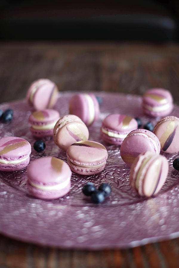Blueberry Macaroons Decorated With Gold Photograph by Marions Kaffeeklatsch