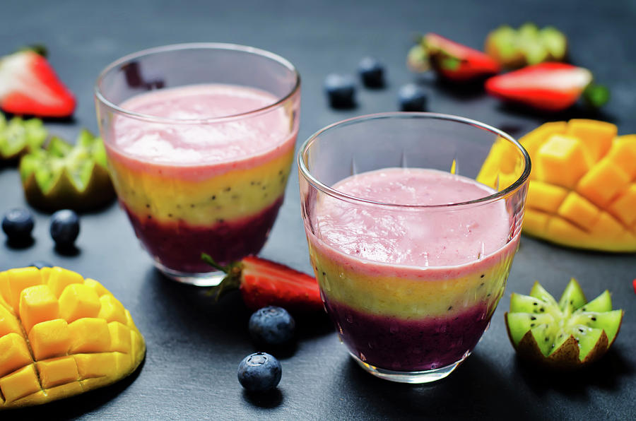 Blueberry, Mango, Strawberry, Kiwi And Banana Greek Yogurt Smoothie Photograph by Natasha Arz