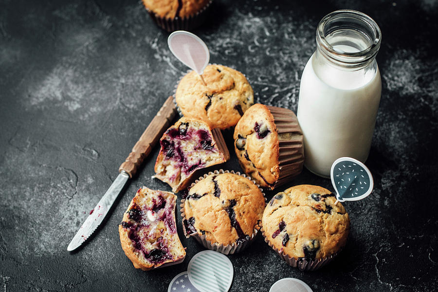 Blueberry Muffins And Milk In A Small Bottle Photograph by Kate Prihodko