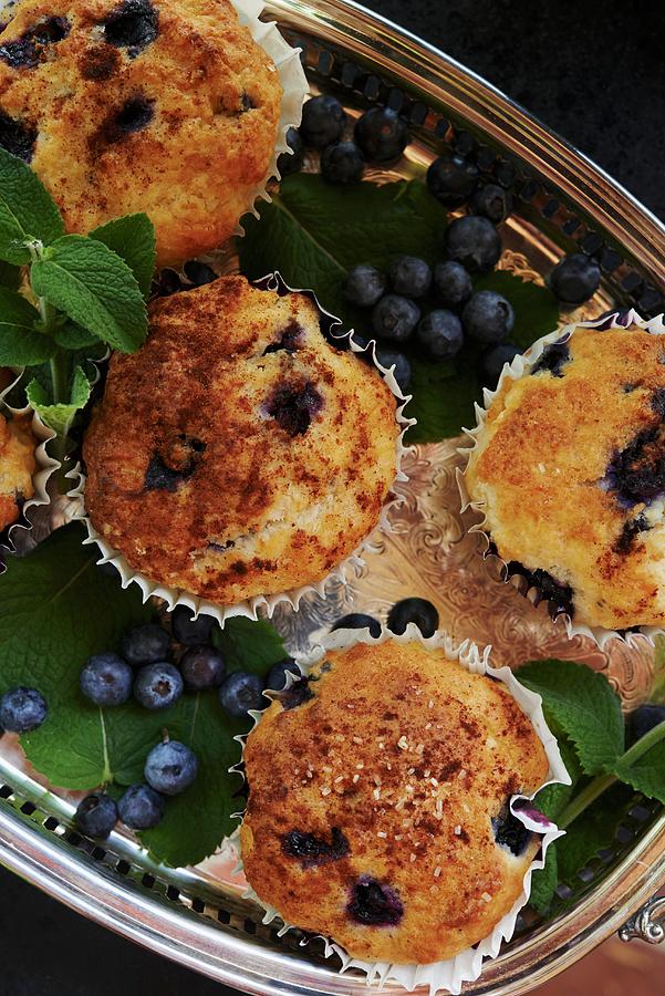 Blueberry Muffins On A Silver Tray Photograph by Greg Rannells