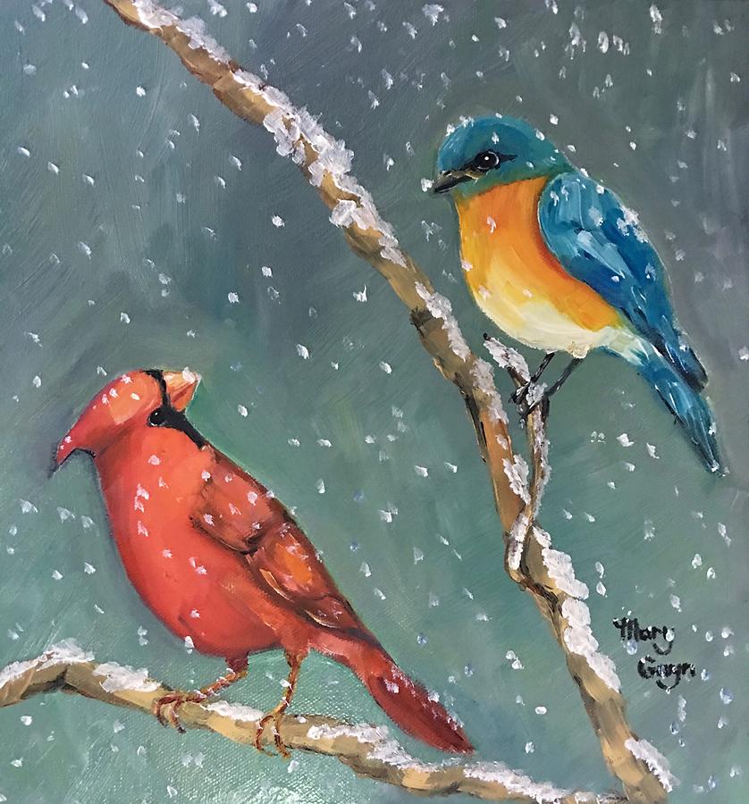 Bluebird and Cardinal in the Snow Painting by Mary Gwyn Bowen
