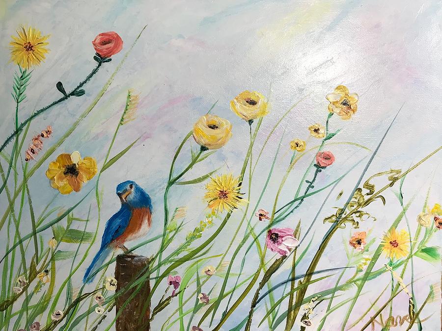 Bluebird in the Wild Flowers Painting by Deborah Naves