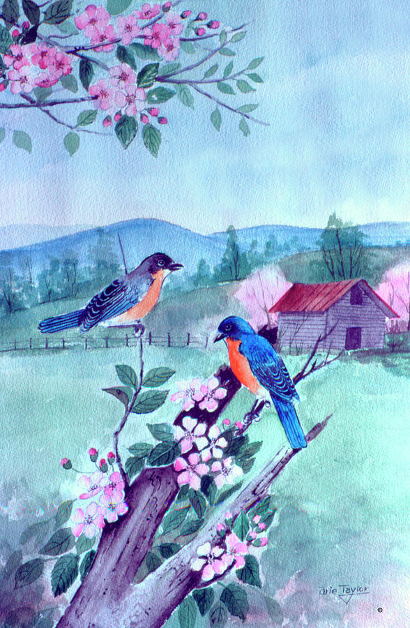 Animal Painting - Bluebirds And Apple Blossoms by Arie Reinhardt Taylor