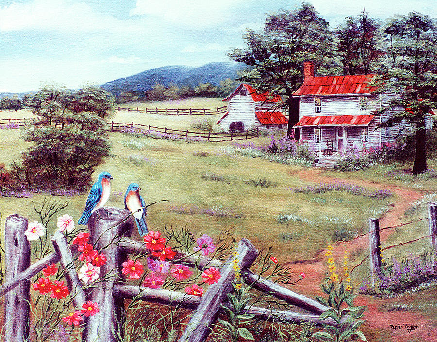 Farm Animals Painting - Bluebirds And Bakers Mtn by Arie Reinhardt Taylor
