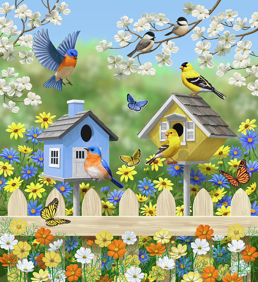 Birds Painting - Bluebirds Goldfinches Chickadees Birdhouses Spring Flower Garden by Crista Forest