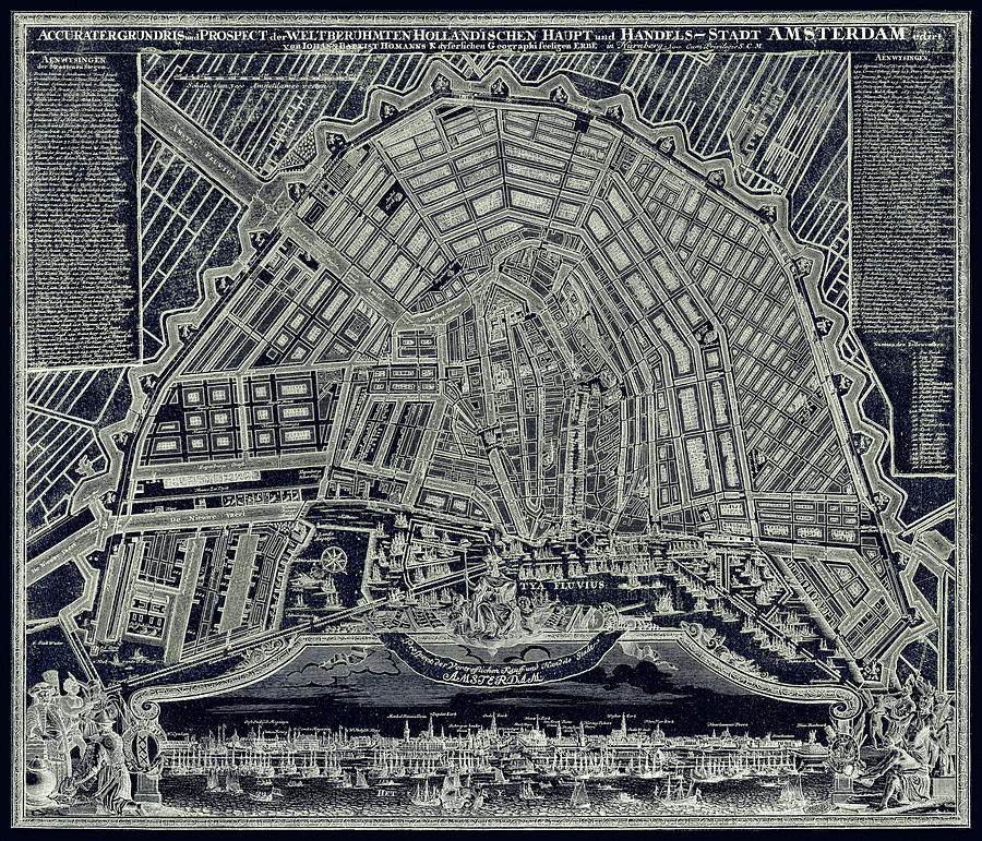 Map Digital Art - Blueprint Map Of Amsterdam 1727 by Tina Lavoie