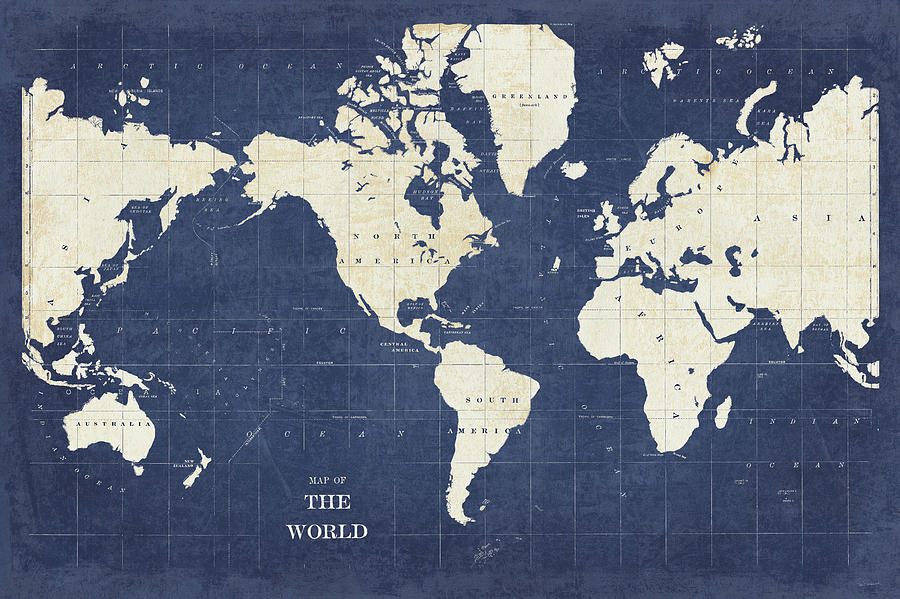 Map Painting - Blueprint World Map - No Border by Sue Schlabach