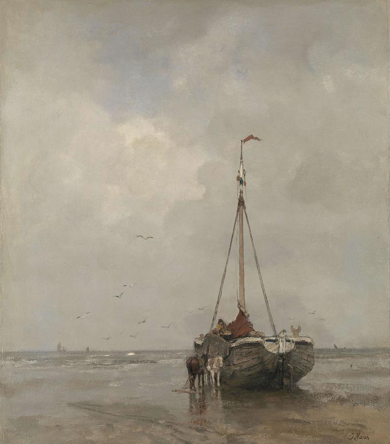 Bluff-bowed Fishing Boat on the Beach at Scheveningen. Bomschuit op het Scheveningse strand. Dati... Painting by Jacob Maris -1837-1899-