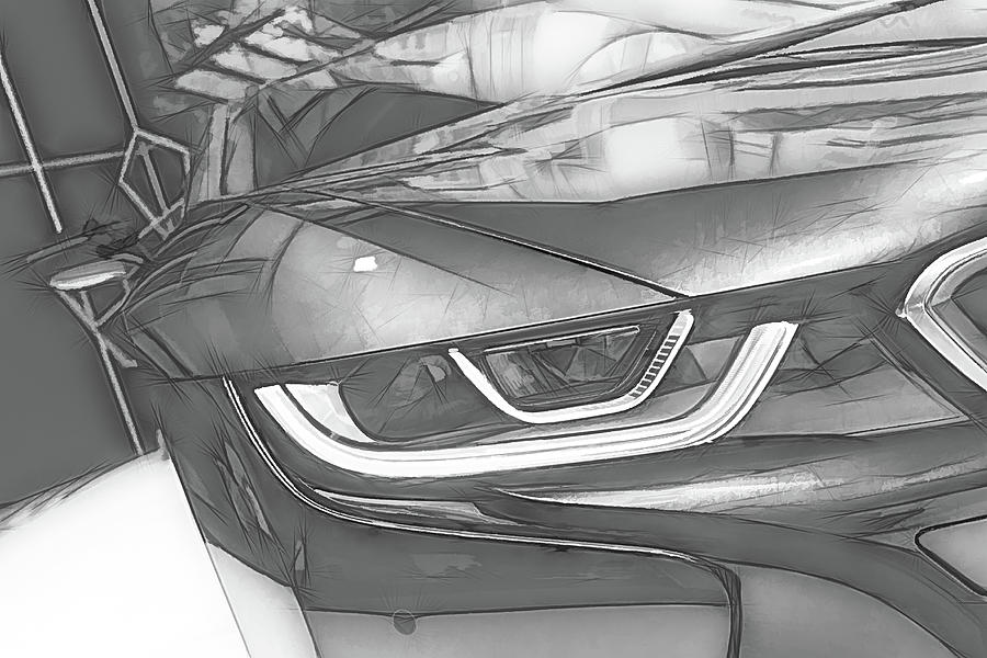 BMW i8 Front Abstract Black and White Sketch Digital Art by Rick Deacon