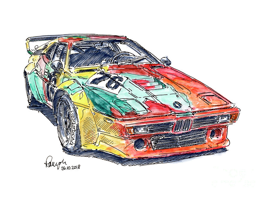 Bmw M1 Art Car Andy Warhol Racecar Ink Drawing And Watercolor Drawing By Frank Ramspott